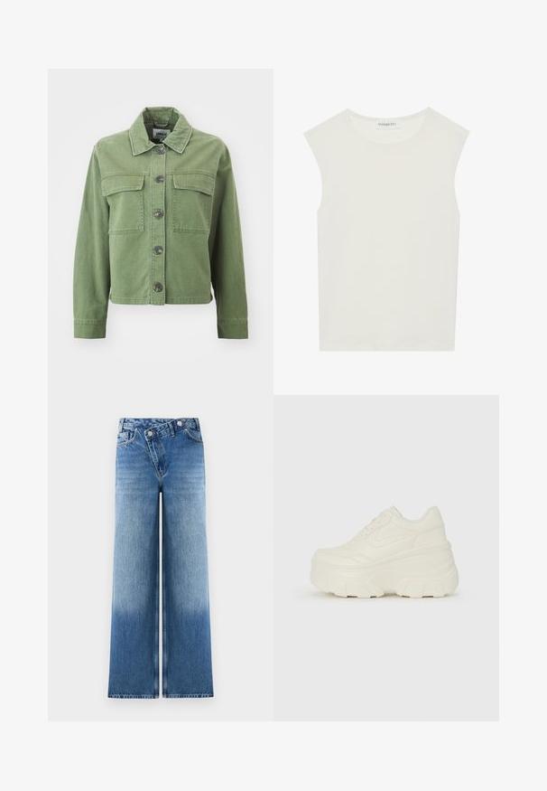 Zielona kurtka dżinsowa z kołnierzykiem, zapinana na guziki, z dwiema kieszeniami na piersiach i długimi rękawami z guzikami przy mankietach. Gładka tekstura i skrócony krój.; Biała bezrękawnik z okrągłym dekoltem. Wykonana z gładkiego materiału, ma luźny krój i minimalistyczny design. Bez wzorów ani akcentów.; Jasnoniebieskie dżinsy o szerokich nogawkach z wybledzonym wykończeniem, z klasycznym pięciop pocketsowym wzorem i metalowymi guzikami w talii.; Białe sneakersy na platformie z gładkim, skórzano przypominającym wierzchem, zaokrąglonym kształtem, wyściełanym kołnierzem oraz teksturowaną gumową podeszwą z wyraźnym bieżnikiem.