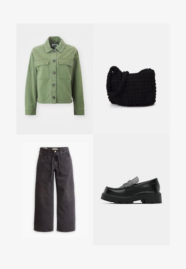 Green denim jacket featuring a collar, button-up front, two chest pockets, and long sleeves with button cuffs. Smooth texture and cropped design.; White short-sleeve t-shirt made of smooth cotton fabric. It features a simple round neckline and a fitted cut. No patterns or accents.; Black wide-leg jeans made of denim, featuring a drawstring waist, five pockets, and contrast stitching details. Flat-front design.; Black leather loafers with a chunky textured sole, featuring a strap over the vamp and smooth, polished finish.; Black fabric bag with a textured, quilted pattern. Rounded shape, short, thick handles, and a soft, flexible structure.