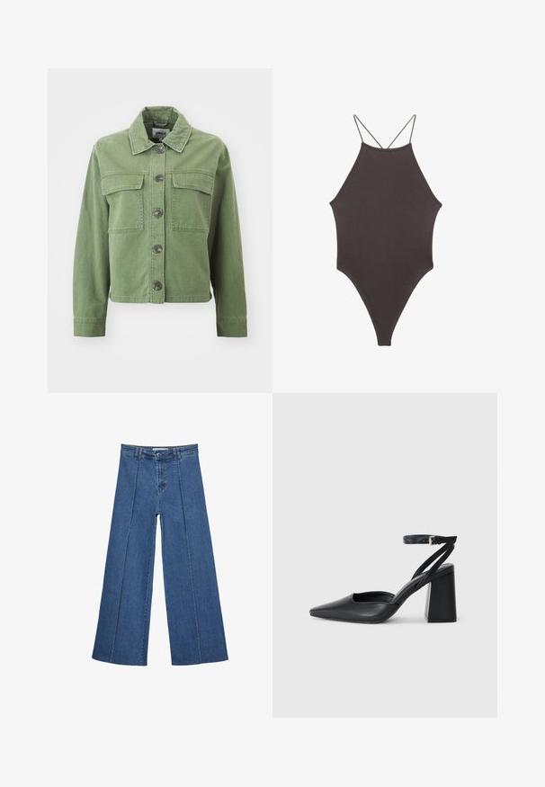 Zelena denim jakna z ovratnikom, gumbom na sprednji strani, dvema žepoma na prsih in dolgimi rokavi z gumbom na manšetah. Gladka tekstura in krajša oblika.; Rjav, enodelni kopalke z visokim ovratnikom in tankimi nastavljivimi naramnicami; ima visok rez na nogah in gladko teksturo. Brez vzorcev ali okrasnih elementov.; Jeans širokih nogavic v srednji modri barvi, z visokim pasom, gumbom in kontrastnimi navpičnimi šivi spredaj.; Črne usnjene klasične čevlje z ostrim nosom, z zaponko za gleženj in debelim peto. Ravna tekstura, eleganten dizajn in minimalistična estetika.