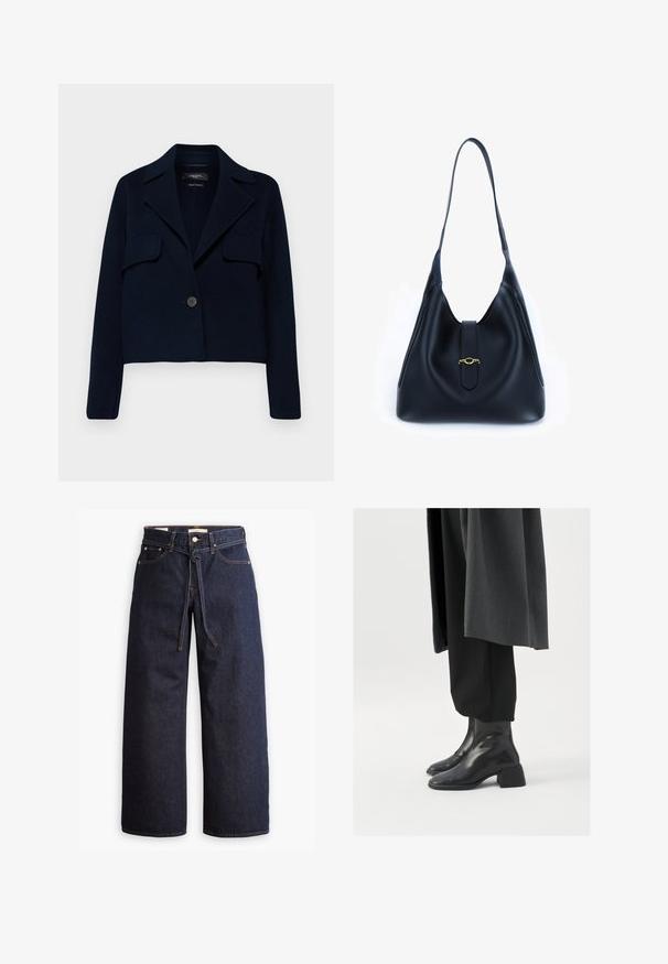 WEEKEND MaxMara KELLY - Vasaras jaka - blu; Jūras flotes turtlenecks ar gariem piedurknēm. Izgatavots no mīksta auduma ar gludu tekstūru. Iezīmēts ar pieguļošu dizainu un augstu apkakli bez redzamām šuvēm.; Plati zili džinsi ar augstu jostasvietu, ar šnaukaša saišu, piecām kabatām un kontrastējošiem šuvju akcentiem.; Melnas ādas potīšu zābaki ar kvadrātu purngalu un masīnu papēdi, valkāti ar brīvām melnām biksēm un tumši pelēku mēteli. Gluda virsmas tekstūra.; Melnas ādas rokassomi ar mīkstu, brīvu dizainu. Iezīmēta ar plakanu siksnu un centrālu aizdari, kas dekorēta ar zelta akcentu.