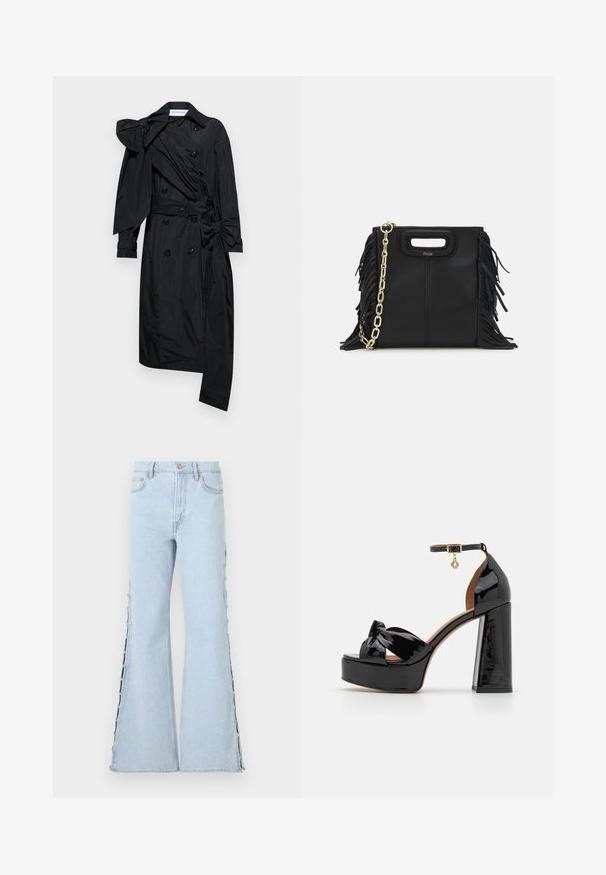 Viktor&Rolf DRAPE BOW - Trench - black; Cardigan blu navy a coste con maniche lunghe, scollo rotondo, chiusura con bottoni argentati e due tasche sul petto bordate da cuciture bianche.; Polo a coste blu navy con colletto a punta, maniche corte e due tasche frontali con bottoni a scatto; messo in risalto da dettagli in cucitura bianca.; Jeans svasati di un blu chiaro, con vita alta, caratterizzati da dettagli con bottoni lungo le cuciture laterali e una morbida texture in denim.; Maje Sandali con tacco - noir; Borsa a tracolla in pelle nera con dettagli a frangia, catena dorata e manico ritagliato. Presenta il logo sulla parte anteriore.