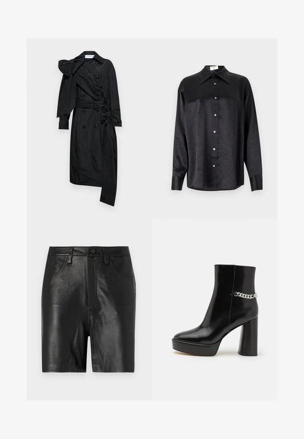 Viktor&Rolf DRAPE BOW - Trenchcoat - black; Schwarzes Langarmhemd mit kragenförmigem Halsausschnitt, mit einem zerknitterten Textur, voller Knopfleiste und Manschetten. Hergestellt aus einem glatten Stoff.; Schwarze Lederhorts mit glatter Textur, ausgestattet mit einem vorderen Reißverschluss, Knopfverschluss und klassischem Fünf-Taschen-Design.; Schwarze Lackleder-Ankle-Boots mit plattenförmigem Absatz und hohem Blockabsatz. Verfügt über einen silbernen Kettenakzent an der Seite. Glatte Textur.