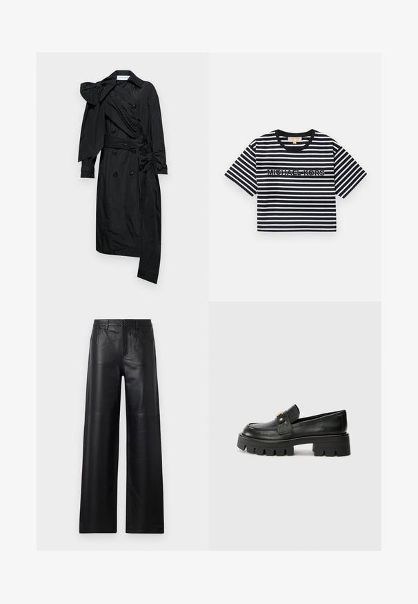 Viktor&Rolf DRAPE BOW - Trenchcoat - black; Short-sleeve, cropped T-shirt in black and white stripes featuring "MICHAEL KORS" logo in contrasting embroidery, round neckline.; Wide-leg black leather pants with a smooth texture, featuring front pockets, a button closure, and subtle stitching details.; Black leather loafers with a chunky sole, featuring a gold-tone accent on the front and a smooth finish. Chunky tread design on the sole.