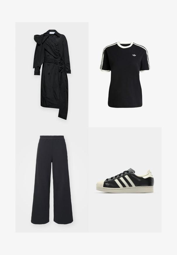 Viktor&Rolf DRAPE BOW - Trenčkot - black; Čierne bavlnené tričko s bielymi akcentmi na golieri a rukávoch, s tromi bielymi pruhmi na každom pleci a malým logom na hrudi.; Čierne širšie tepláky vyrobené z mäkkej látky, s elastickým pásom a malým logom na ľavej strane.; Čierne kožené tenisky s bielymi pruhmi, gumenou špičkou, čiernymi šnúrkami a krémovobielou podrážkou. Hladký povrch s lesklým finišom.