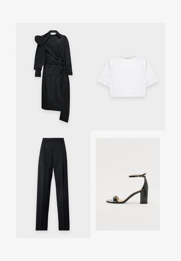 Viktor&Rolf DRAPE BOW - Trench - black; T-shirt bianca cropped realizzata in tessuto morbido, con maniche corte, scollo rotondo e dettagli a costine sull'orlo. Design semplice e senza fronzoli.; Pantaloni neri realizzati in tessuto morbido, caratterizzati da vita alta, gambe larghe, pince frontali e classiche passanti per cintura. Non ci sono tasche laterali visibili.; Sandalo in vernice nera con tacco largo, punta aperta e cinturino alla caviglia con fibbia dorata. Texture liscia e design elegante.