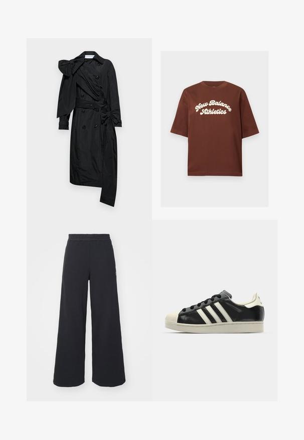 Viktor&Rolf DRAPE BOW - Trentšmantel - black; Pruun puuvillane T-särk, millel on lõdva lõikega ja valge tekst, mis ütleb "New Balance Athletics" kumeras, rasvases fondis.; Mustad laiad spordipüksid, mis on valmistatud pehmest kangast, elastse vöökohtaga ja väikese logoga vasakul küljel.; Must have nahkased mustad tossud valgete triipudega, kummist varbakattega, mustade paeltega ja kreemika värvusega tallaga. Sile tekstuur ja läikiv viimistlus.