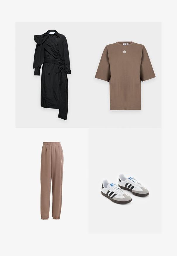 Viktor&Rolf DRAPE BOW - Trenčkot - black; Hnědé bavlněné tričko s krátkým rukávem, kulatým výstřihem a bílým logem Adidas umístěným uprostřed hrudi, s jednoduchým designem a uvolněným střihem.; Hnědé tepláky vyrobené z měkké látky, s elastickým pasem, postranními kapsami a elastickými manžetami, s bílým logem jako akcentem.; Sportovní boty s bílým koženým svrškem, šedou semišovou špičkou a třemi černými pruhy. Obsahují modré logo na jazyku a texturovanou gumovou podrážku.