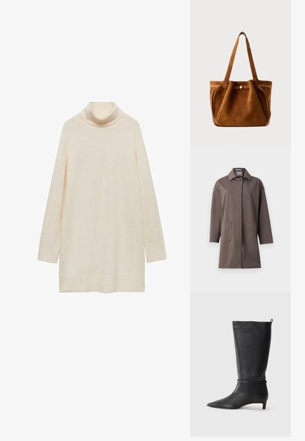 Brauner, mittellanger Mantel mit klassischem Kragen, Knopfverschluss und zwei vorderen Taschen. Hergestellt aus glattem, strukturiertem Stoff mit taillierter Passform.; Cremfarbener Rollkragenpullover, lange Ärmel, weiche Textur, leicht lockere Passform, abgerundeter Saum, ohne Muster oder Akzente. Der Stoff wirkt leicht.; Schwarze Lederkniehohe Stiefel mit spitzem Zehen, akzentuiert durch einen runden Riemen um das Knöchel und einen niedrigen, tapernden Absatz. Glatte Textur.; Braune Wildleder-Umhängetasche mit zwei Griffen, einem Knopfverschlussriemen und einer entspannten, leicht schlaffen Form.