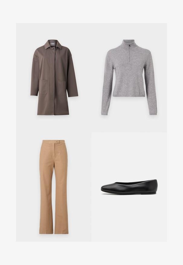 Cappotto marrone di lunghezza media con colletto classico, chiusura a bottoni e due tasche frontali. Realizzato in tessuto liscio e strutturato con una vestibilità elegante.; Maglione grigio a maglia con colletto alto e zip frontale. Presenta maniche lunghe e una lunghezza leggermente accorciata. Texture liscia e orlo a coste.; Pantaloni beige su misura con silhouette svasata, realizzati in tessuto morbido, con chiusura frontale a bottoni e due tasche laterali.; Paul Smith TOPANGA - Ballerine - black