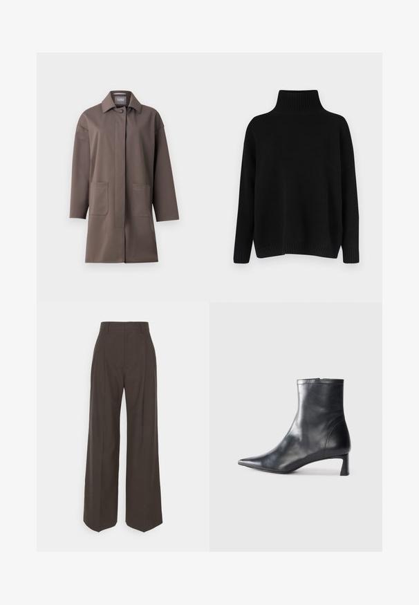 Pruun, keskmise pikkusega jakk klassikalise krae, nööbiklapi ja kahe esipocketiga. Valmistatud siledast, struktureeritud kangast, millel on kohandatud sobivus.; Mustast riidest kudumiga kampsun, millel on kõrge soonikuga krae, allapoole langetatud õlad ja lõdvestunud lõige. Omadusena soonikuga mansetid ja alumine ääreosa, mis lisavad tekstuuri.; Tumepruunid lai jalad püksid kõrge vöökohaga, millel on korralikult pressitud kortsud, sile tekstuur ja täpselt sobiv lõige.; Mustad mustall nahkasaabas terava nina ja stiilse disainiga. Omab madalat konts ja luku sulgemist taga. Sile tekstuur.