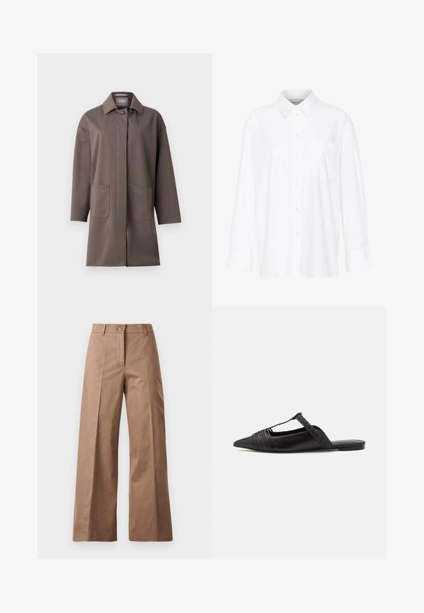 Bruine, middellange jas met een klassieke kraag, knoopsluiting en twee voorkruisen. Gemaakt van gladde, gestructureerde stof met een taillerende pasvorm.; Witte lange mouwen overhemd met kraag van katoen. Voorzien van een knoopsluiting aan de voorkant en een enkele borstzak. Een gladde textuur en een ontspannen pasvorm.; Bruine wijde broek gemaakt van een gladde stof, met een voorknoopsluiting, twee zijzakken en strakke, op maat gemaakte lijnen.; Zwarte leren slingback schoen met een puntige neus, voorzien van een gevlochten accent en geplooid ontwerp aan de bovenkant. Platte zool met minimale hardware.