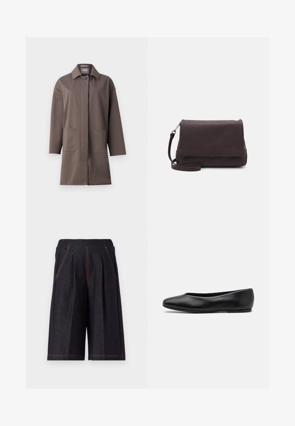 Brauner, mittellanger Mantel mit klassischem Kragen, Knopfverschluss und zwei vorderen Taschen. Hergestellt aus glattem, strukturiertem Stoff mit taillierter Passform.; Beige Hemd aus weichem pink farbenem Stoff mit einem geometrischen Muster aus Rauten und Dreiecken in gedämpftem Grau und Schwarz. Lange Ärmel, klassischer Kragen.; Dunkelgraue Shorts aus weichem Stoff, mit Falten und orangefarbigen Nähten. Elastischer Bund für Komfort, knielanges Design.; Paul Smith TOPANGA - Klassischer Ballerina - black; Tiger of Sweden LIMBIATE UNISEX - Umhängetasche - pure decadence