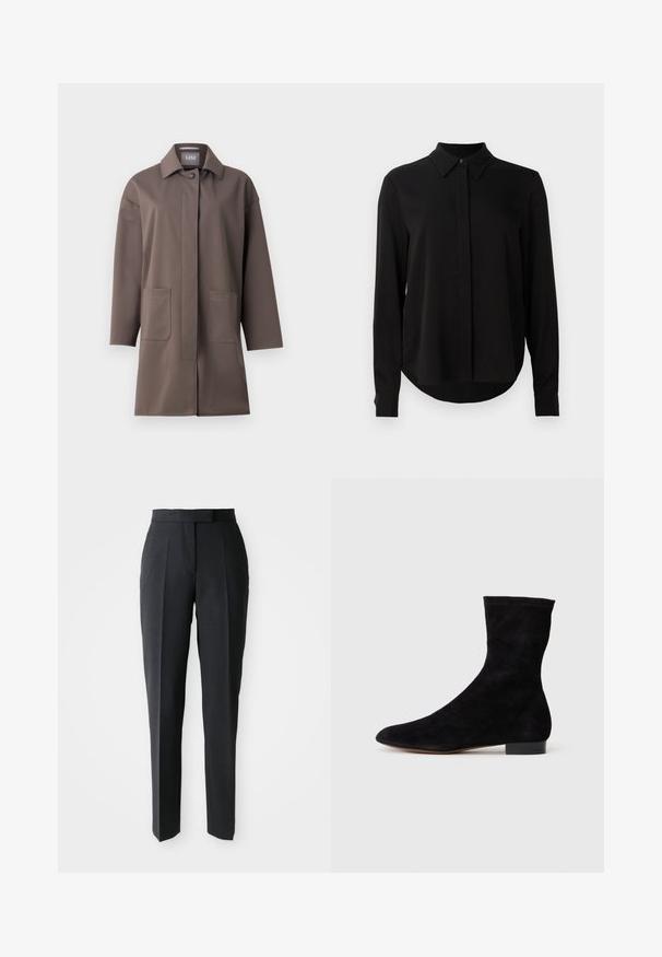 Pruun, keskmise pikkusega jakk klassikalise krae, nööbiklapi ja kahe esipocketiga. Valmistatud siledast, struktureeritud kangast, millel on kohandatud sobivus.; Mustmustärgne, pikkade varrukatega pluus terava kraega, varjatud nööpide ridadega ja kõverate servadega, valge tausta ees.; Mustad kõrge vöökohaga sirged püksid esitletud lihtsal heledal taustal.; Musthave mustan nahast pahkluu saabas, millel on kitsas vars, terav nina ja madal plokk-konts. Pehme tekstuur ja minimalistlik disain, sobib mitmekesiseks stiliseerimiseks.