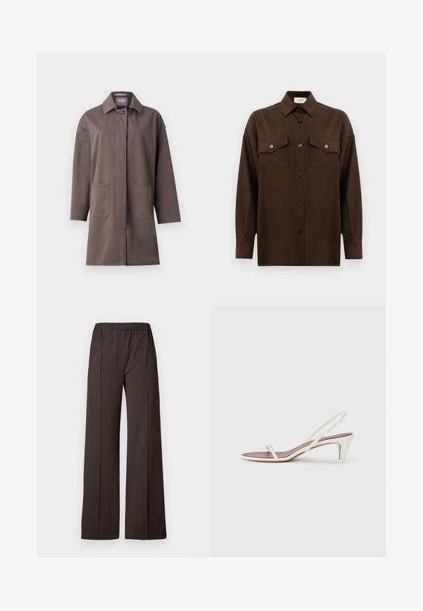 Cappotto marrone di lunghezza media con colletto classico, chiusura a bottoni e due tasche frontali. Realizzato in tessuto liscio e strutturato con una vestibilità elegante.; Camicia marrone scuro a maniche lunghe con bottoni, dotata di due tasche a pattina sul petto e colletto classico, mostrata su uno sfondo bianco uniforme.; Pantaloni a gamba larga in tessuto marrone scuro con vita elastica, caratterizzati da una superficie liscia e linee pulite per un look elegante.; Sandali slingback bianchi con un leggero tacco, sottili cinturini e una superficie in pelle liscia; presentano una piccola fibbia decorativa.