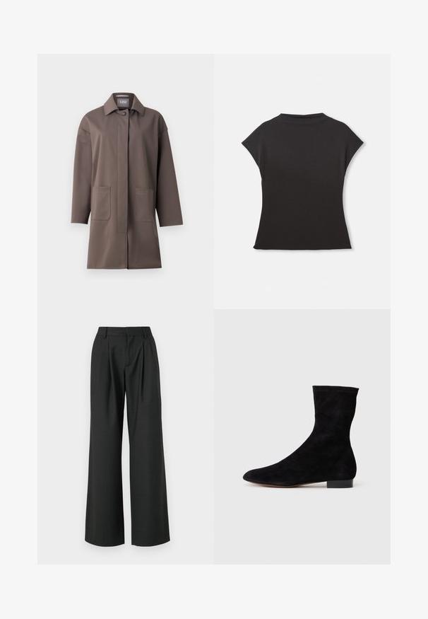 Brūns, vidēja garuma apmets ar klasisku apkakli, pogu aizdari un divām priekšējām kabatām. Izgatavots no gludas, strukturētas auduma ar pielāgotu piegriezumu.; Melna īsām piedurknēm augsta kakla blūze ar brīvu piegriezumu. Izgatavota no mīksta auduma ar gludu tekstūru. Nav redzamu rakstu vai grafikas.; Won Hundred CAMILLE TROUSERS - Auduma bikses - licorice; Melnas zamšādas potīšu zābaki ar piegulošu kāju daļu, smailu purngalu un zemu bloku papēdi. Gluda tekstūra un minimālistisks dizains, piemērots dažādai stilizācijai.
