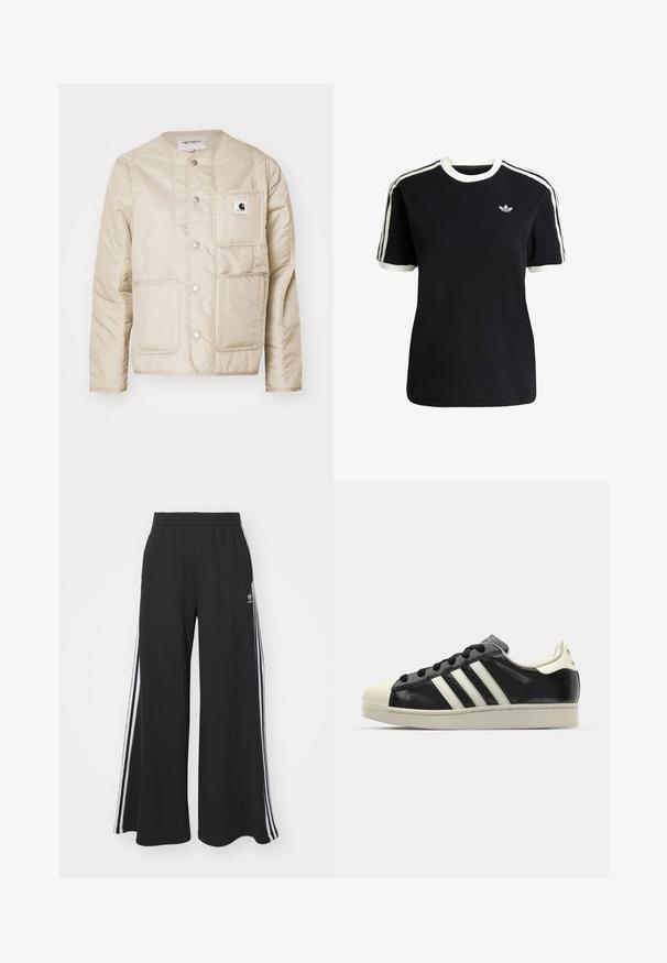 Beige gepolsterte Jacke mit rundem Hals, vorderen Druckknöpfen, zwei großen Taschen und einem kleinen Logo-Patch auf der Brust. Glatte, isolierte Textur.; Schwarzes Baumwoll-T-Shirt mit weißen Akzenten am Kragen und an den Ärmeln, ausgestattet mit drei weißen Streifen auf jeder Schulter und einem kleinen Logo auf der Brust.; Schwarze weite Sweatpants mit elastischem Bund, versehen mit weißen Seitestreifen und einem gestickten Logo auf dem linken Oberschenkel.; Schwarze Ledersneaker mit weißen Streifen, Gummikappe, schwarzen Schnürsenkeln und einer cremefarbenen Sohle. Glatte Textur mit glänzender Oberfläche.