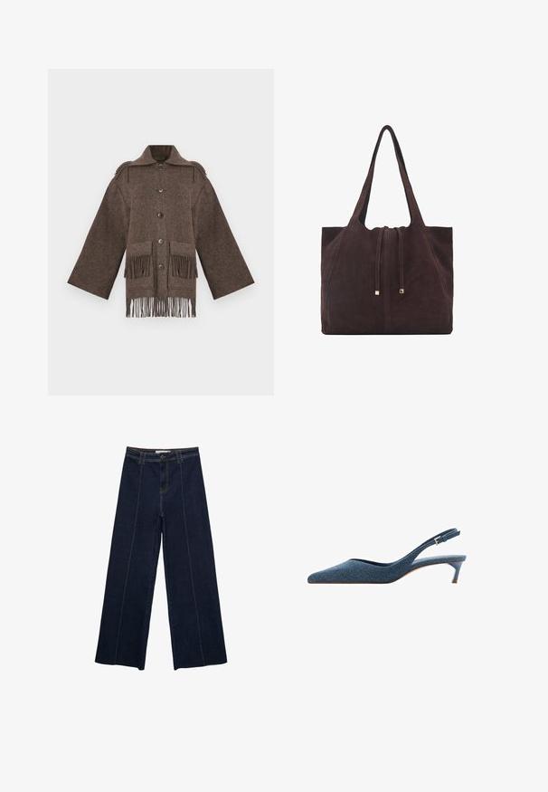 Hnedý vlnený kabát so širokými rukávmi, zapínaním na gombíky, dvoma veľkými vreckami a strapcami na leme. Textúrovaný, nadrozmerný dizajn.; Mäkký béžový sveter s dlhým rukávom a okrúhlym výstrihom, s rebrovými rukávmi, spodným lemom a výstrihom, vystavený položený na bielom pozadí.; Široké nohavice z tmavého denim materiálu s kontrastným prešívaním, vysokým pásom a rovnym strihom. Obsahujú predné vrecká a klasické zapínanie na gombík.; Jeansové slingback podpätky s špicatou špičkou a nízkym, štíhlym podpätkom. Vlastnosti obsahujú textilnú tkaninu v tmavomodrej farbe a elegantný, štíhly dizajn.; Mango Veľká kabelka - dark brown