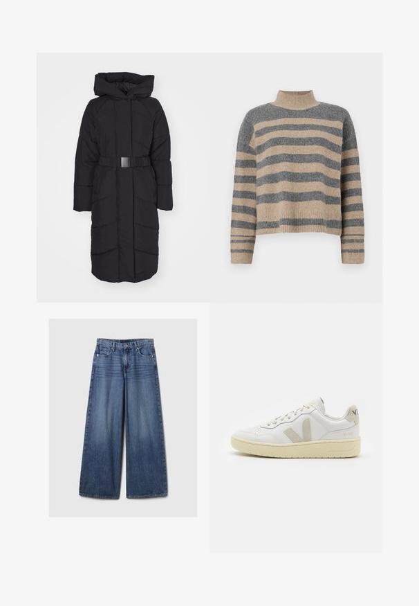 ONLY ONLJOANNE BELTED PUFFER COAT - Téli kabát - black; Csíkos kötött pulóver szürke és bézs színekkel, magas gallérral, széles mandzsettás ujjal és laza, rövidített fazonnal.; Széles lábú kék farmernadrág elhalványodott felülettel, gombos és cipzáras záródással, öt zsebbel és övhurkokkal.; Fehér bőr sneaker bézs velúr részletekkel, perforált orr résszel, lapos fűzőkkel és textúrált krémszínű talppal. Finom márkajelzés található a sarkán.