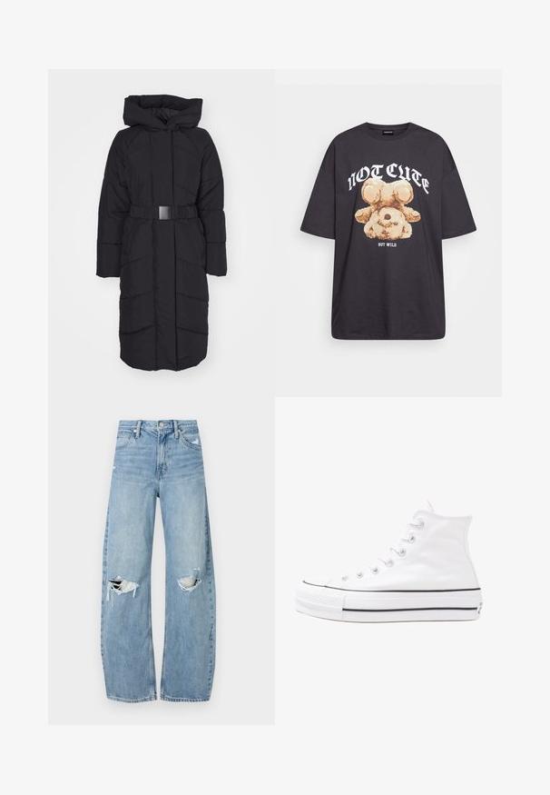 ONLY ONLJOANNE BELTED PUFFER COAT - Wintermantel - black; Zwart oversized t-shirt met een afbeelding van een beer en de tekst "NIET SCHATTIG, MAAR WILD" in grote, witte letters. Gemaakt van katoen.; Lichtblauwe, hooggeritste jeans van denim. Beschikken over wijde pijpen, twee gescheurde knievalken en klassieke vijfzakken styling.; Witte high-top canvas sneakers met een zwarte rubberen zool, een rubberen neuskap aan de voorkant en zes gaatjes voor veters, met een schone, minimalistische uitstraling.