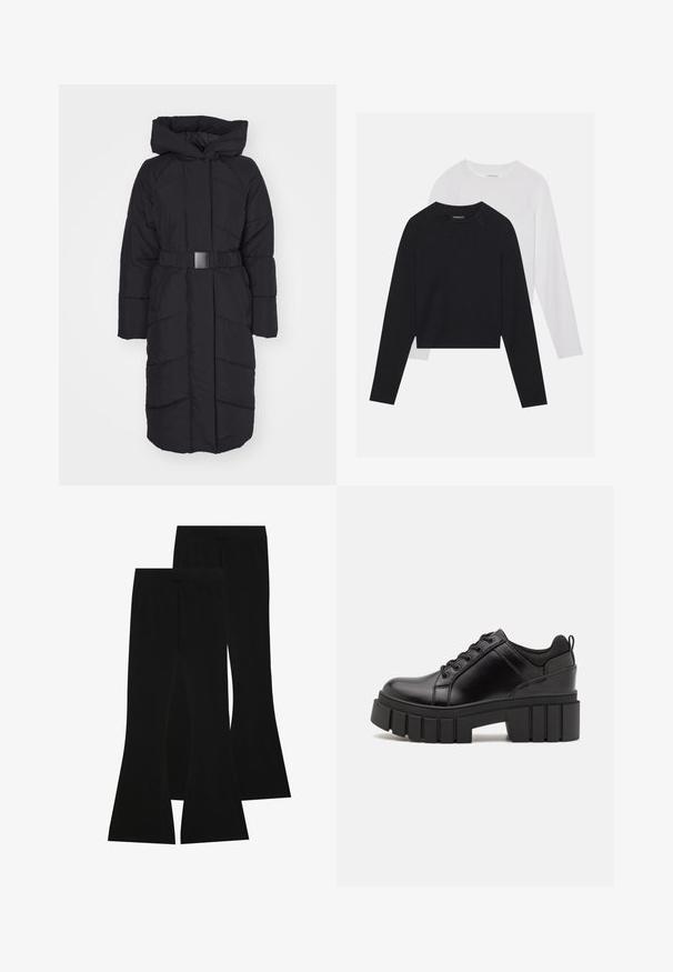 ONLY ONLJOANNE BELTED PUFFER COAT - Žieminis paltas - black; Du dušo ilgomis rankovėmis marškiniai: vieni juodi, kiti balti. Abu marškiniai turi apvalų iškirpimą, raglan tipo rankoves ir minkštą medvilnės mišinio audinį.; Juodi platėjančių kojų džinsai, pagaminti iš elastingos medžiagos, turintys aukštą liemenį ir lygią tekstūrą, su prigludusia forma, kuri plinta nuo kelio.; Juodi odiniai platformos batai su masyviu blokuota kulniuku, apvalia nosimi ir tradiciniu šnypštimo dizainu. Turintys glotnų paviršių ir minimalų dekoravimą.