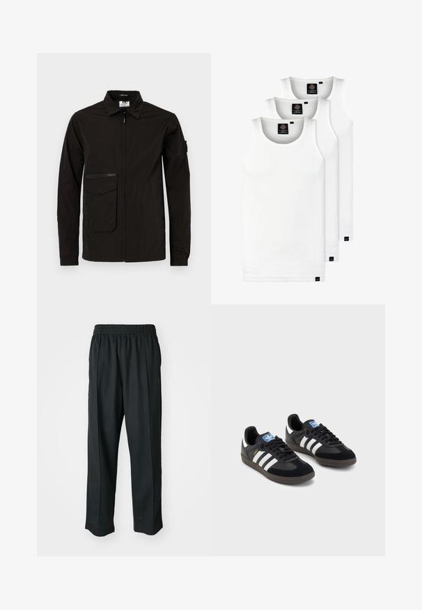 Sort letvægtsjakke med frontlynlås, en stor lommeklap og en ekstra lynlåslomme på brystet. Har krave og elastiske manchetter.; Tre hvide ribbede tanktops lavet af bomuld. Har en rund hals og små sorte mærker nær sømmen. Fås i flere størrelser.; Sorte træningsbukser med elastisk talje, lavet af glat stof, med diskrete sidesyninger og en afslappet pasform, lige ben design.; Sorte sneakers med en overdel i ruskind og syntetisk materiale, med tre hvide striber, struktureret gummisål og en blå logoetiket på tungen.