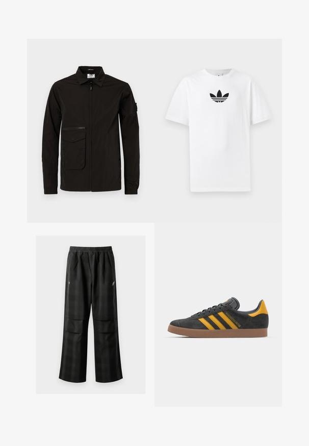 Zwarte lichtgewicht jack met een rits aan de voorkant, een grote flapzak en een extra ritszak op de borst. Beschikt over een kraag en elastische manchetten.; Witte katoenen T-shirt met een zwart Adidas-logo in het midden. Korte mouwen en een ronde hals. Gladde textuur.; Zwarte geruite broek met een elastische tailleband, twee voorzakken en een losse pasvorm met een rechte pijpdesign. Gemaakt van lichtgewicht materiaal.; Zwarte suède sneakers met gele accenten, voorzien van drie strepen en een bruine rubberen zool. Inclusief een gevoerde tong voor comfort.