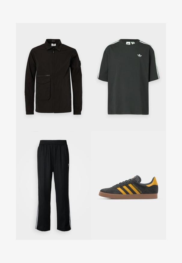 Mustat kevyet takit, joissa on etuvetoketju, suuri läpällinen tasku ja lisävetoketjullinen rintatasku. Ominaisuuksiin kuuluvat kaulus ja joustavat hihansuut.; Musta puuvillainen t-paita, jossa on lyhyet hihat, pyöreä pääntie ja valkoiset kolmen raidan yksityiskohdat olkapäillä. Rinnan kohdalla on pieni valkoinen logo.; Mustat urheiluhousut, joissa on joustava vyötärö, valkoiset sivuraidat ja pieni logo. Materiaali näyttää pehmeältä ja kevyeltä.; Mustat samettiset tennarit, joissa on keltaisia yksityiskohtia, kolmonen raita ja ruskea kumipohja. Sisältää pehmustetun kielisen mukavuutta varten.