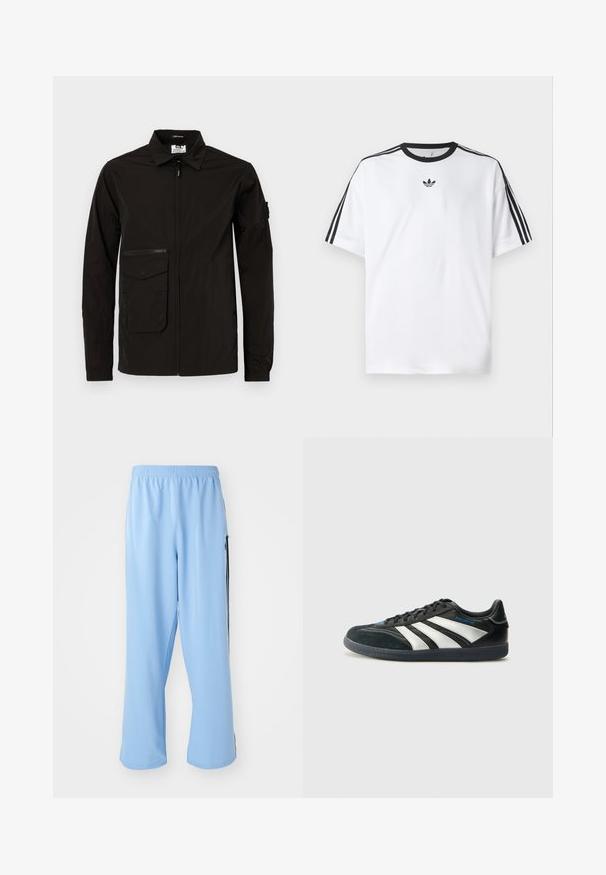 Chaqueta ligera negra con cierre frontal, un gran bolsillo de solapa y un bolsillo en el pecho con cremallera adicional. Presenta un cuello y puños elásticos.; Camiseta blanca de algodón, con un cuello redondo negro y tres rayas negras en cada hombro. Pequeño logo negro en el pecho.; Pantalones deportivos azul claro hechos de una tela suave, con una cintura elástica y rayas laterales negras contrastantes.; adidas Performance PREDATOR FREESTYLE JUDE INDOOR FOOTBALL SHOES - Botines de fútbol sala - core black/silver-coloured/glory blue