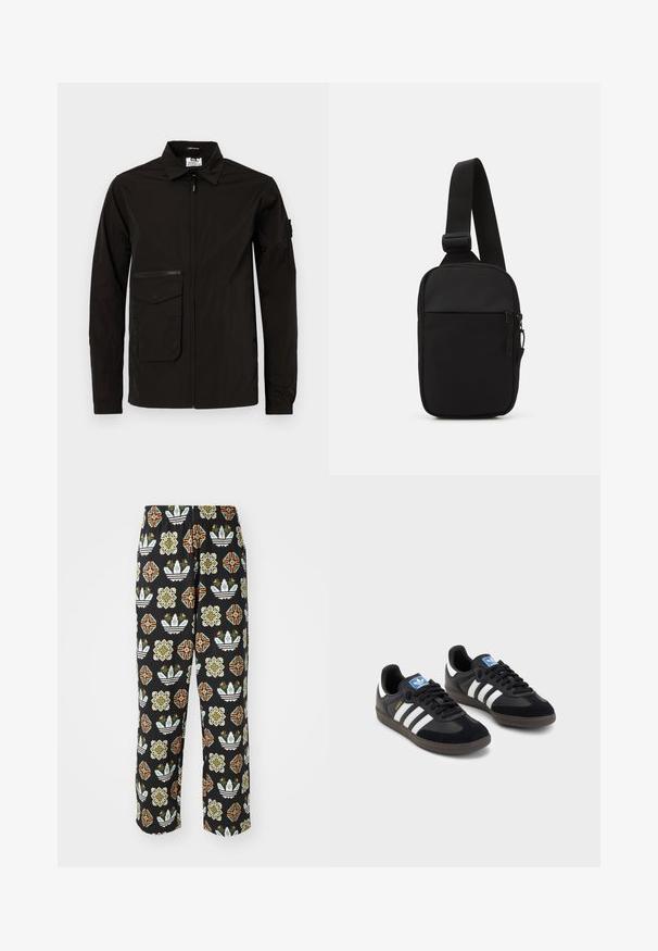 Schwarze leichte Jacke mit einem Frontreißverschluss, einer großen Klappentasche und einer zusätzlichen Reißverschlusstasche auf der Brust. Mit Kragen und elastischen Bündchen.; Weißes Baumwoll-T-Shirt mit kurzen Ärmeln, das einen mehrfarbigen Grafikdruck eines Footballhelms und den Text "1972 WELTMEISTER" zeigt.; Schwarze Hose mit einem ausgeklügelten Muster aus verschiedenen Formen, einschließlich floraler Designs und Streifen in Orange, Grün und Weiß.; Schwarze Sneaker mit einem Obermaterial aus Wildleder und Synthetik, ausgestattet mit drei weißen Streifen, einer strukturierten Gummi-Sohle und einem blauen Logo-Tag auf der Zunge.; Schwarze Umhängetasche aus robustem Gewebe, mit einem verstellbaren Tragegurt, einem Reißverschluss-Hauptfach und einer Fronttasche.
