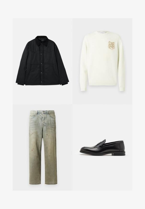 Schwarze Canvas-Jacke mit Knopfverschluss, kontrastierendem strukturiertem Kragen, seitlichen Taschen und dezenten Nahtdetails. Keine sichtbaren Logos.; Cremfarbener Pullover mit Rundhalsausschnitt, langen Ärmeln und kleinem, beigen Fuchskopf-Graphic auf der linken Brust, gerippte Bündchen und Saum.; Schwarzes Kurzarm-T-Shirt mit Rundhalsausschnitt und kleinem gesticktem orangen Fuchs-Logo auf der linken Brust.; Distressed Denim-Jeans in Hellgrün, mit geradem Bein, Fünf-Taschen-Design und ungleichmäßiger Ausbleichung sowie Farbspritzern.; Schwarze Lederloafers mit glatter Textur, rundem Zehenbereich und einem dekorativen Riemen über dem Vorderfuß. Niedriger, gestapelter Absatz, minimalistisches Design.