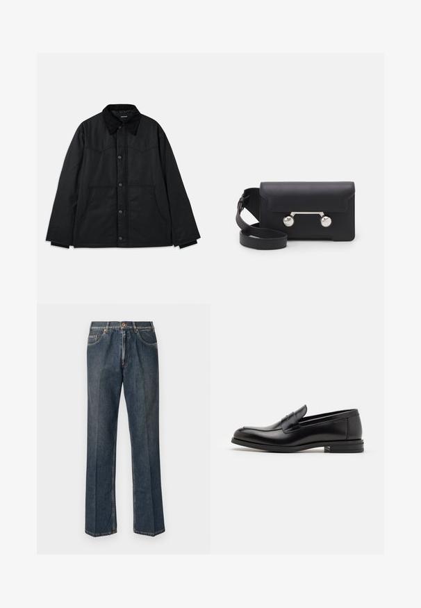 Mustast kangast jakk nupuga kinnitamisega, kontrastse tekstuuriga krae, küljetaskud ja peened õmbluse detailid. Nähtavaid logosid pole.; Kreemivärvi kudumiga sviiter polo krae, sooniküttega varrukate ja äärega, ees klappi ja pehme tekstuuriga.; Tumedast sinised sirged teksapüksid, millel on ees nupp, tõmblukk, kaks eesmist taskut ja nähtavad vertikaalsed kortsud pükste jalgu pidi.; Mustad mustad nahast loafers sileda tekstuuriga, ümarat ninaosa ja dekoratiivne riba vampi üle. Madal kihiline konts, minimalistlik disain.; Must со хsaid crossover kottiga black nahka, mis on varustatud klapiga sulgemisega, hõbedased detailid ja kaks ümmargust aksessuaar. Omab eemaldatavat rihma. Sile tekstuur.