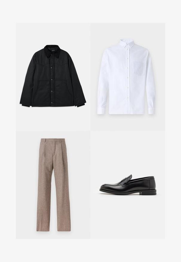 Črna platnena jakna z gumbnim zapiranjem, kontrastnim teksturiranim ovratnikom, stranskimi žepi in subtilnimi šivi. Brez vidnih logotipov.; Bela dolgo rukava srajca s kragnico, izdelana iz bombaža, z žepom na prsih in toniranimi vezeninami ter gumbi na manšetah.; Rjave hlače z visokim pasom, izdelane iz teksturirane tkanine. Imajo široke noge in dve sprednji pregibi za strukturo. Urejen zaključek brez vidne strojne opreme.; Črne usnjene loafer čevlje z gladko teksturo, zaobljenim nosom in dekorativnim trakom čez zgornji del. Nizka zložena peta, minimalističen dizajn.