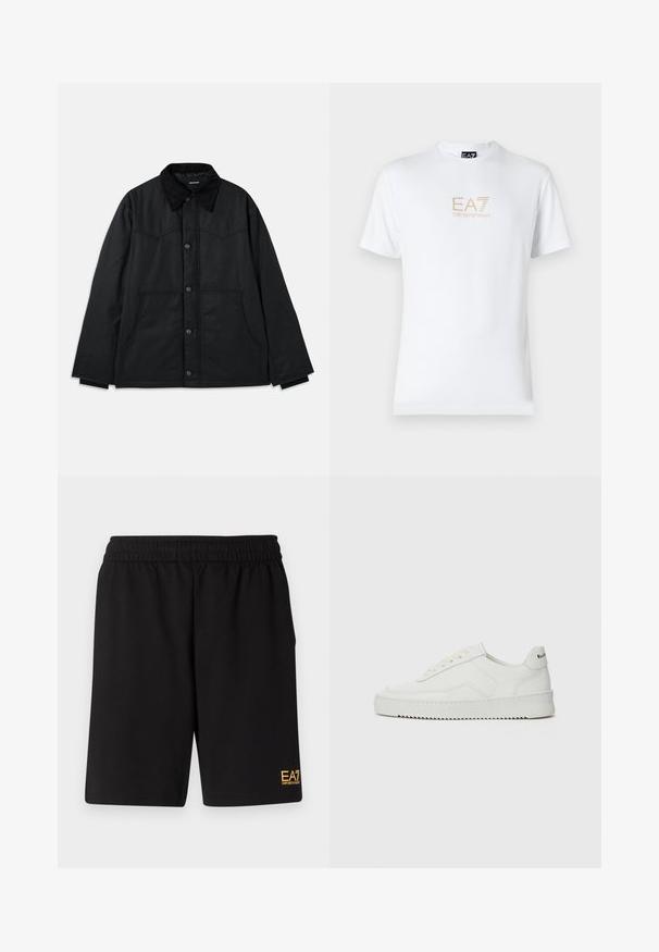 Črna platnena jakna z gumbnim zapiranjem, kontrastnim teksturiranim ovratnikom, stranskimi žepi in subtilnimi šivi. Brez vidnih logotipov.; Bela bombažna majica s krožnim izrezom in kratkimi rokavi, s pozlačenim logotipom EA7 Emporio Armani natisnjenim spredaj.; Črne športne kratke hlače iz mehkega blaga, z elastičnim pasom in majhnim rumenim logotipom EA7 na spodnjem levem delu noge.; Bela usnjena športna obutev z gladko površino, okroglo prst, ravne vezalke in teksturiran podplat. Ima diskretno logo na peti.