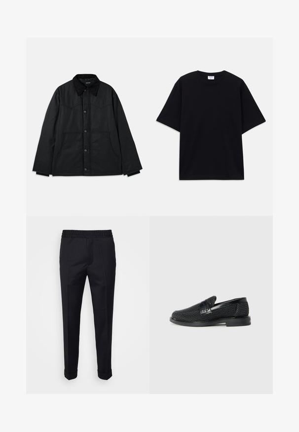 Black canvas jacket with a button closure, contrasting textured collar, side pockets, and subtle seam detailing. No visible logos.; Black short-sleeve oversized T-shirt with round neckline and visible Filippa K brand label inside the collar.; Black trousers made of lightweight fabric, featuring an elastic waistband, side pockets, and rolled cuffs. Smooth texture with front pleats.; Black woven slip-on shoe with a smooth leather accent on the upper, a round toe design, and a low-profile rubber sole.