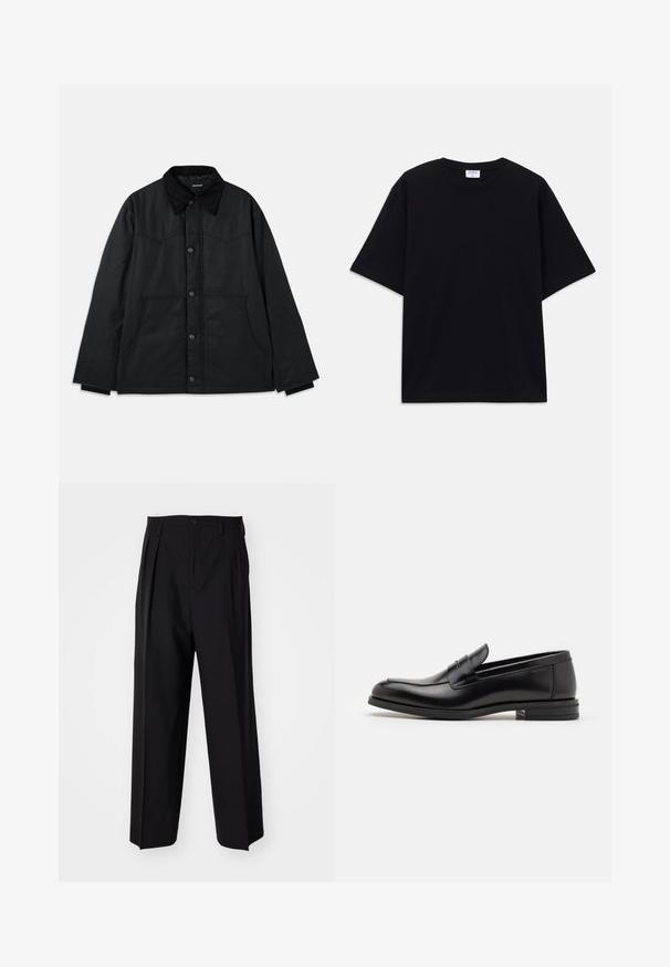 Mustan kangaskankaan takki napituksessa, kontrastilla teksturoidulla kauluksella, sivutaskuilla ja hienovaraisella ompeluyksityiskohdalla. Ei näkyviä logoja.; Mustat lyhythihainen oversized T-paita, jossa on pyöreä kaula-aukko ja näkyvä Filippa K -tuotemerkki etiketti kauluksessa.; Mustat laskostetut housut, joissa on suora, leveä lahje. Valmistettu sileästä kankaasta, jossa on nappisuljenta ja vyölenkit.; Mustat nahkakengät, joissa on sileä pinta, pyöreä kärki ja koristeellinen nauha jalkapöydän yli. Matala pinoitu koroke, minimalistinen muotoilu.