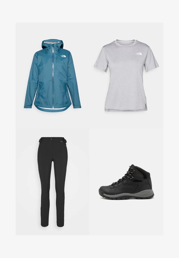 Jaqueta teal resistente à água com capuz, fecho completo, cordões ajustáveis e dois bolsos laterais. Apresenta o logótipo da The North Face no peito.; T-shirt cinza de mangas curtas feito de um tecido suave e que absorve a humidade. Apresenta um decote redondo e um pequeno logotipo branco na parte superior esquerda.; Calças pretas, ajustadas, feitas de um material flexível. As características incluem um bolso lateral com fecho éclair, joelhos articulados e uma textura suave.; Bota de caminhada preta com design de cano médio, apresentando um upper texturizado, detalhes cinzentos e sola de borracha durável com cravos de tração.