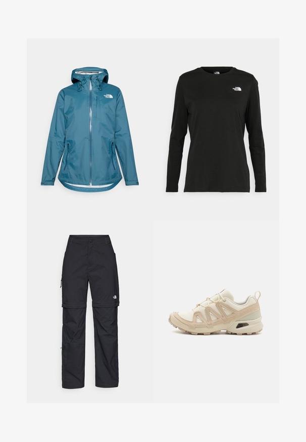 Voděodolná tyrkysová bunda s kapucí, plným zipem, nastavitelnými šňůrkami a dvěma bočními kapsami. Na hrudi je vyobrazeno logo The North Face.; Černé tričko s dlouhým rukávem vyrobené z bavlny s kulatým výstřihem. Na levé části hrudi se nachází malé bílé logo. Jednoduchý design a střih.; Černé nylonové cargo kalhoty na zip s nastavitelnými manžetami, několika kapsami a logem na pravé noze. Hladká, lehká textura.; Béžová a krémová sportovní obuv s texturovaným síťovaným svrškem, podpůrnými překryvy a gumovou podrážkou s dezénem pro lepší přilnavost.