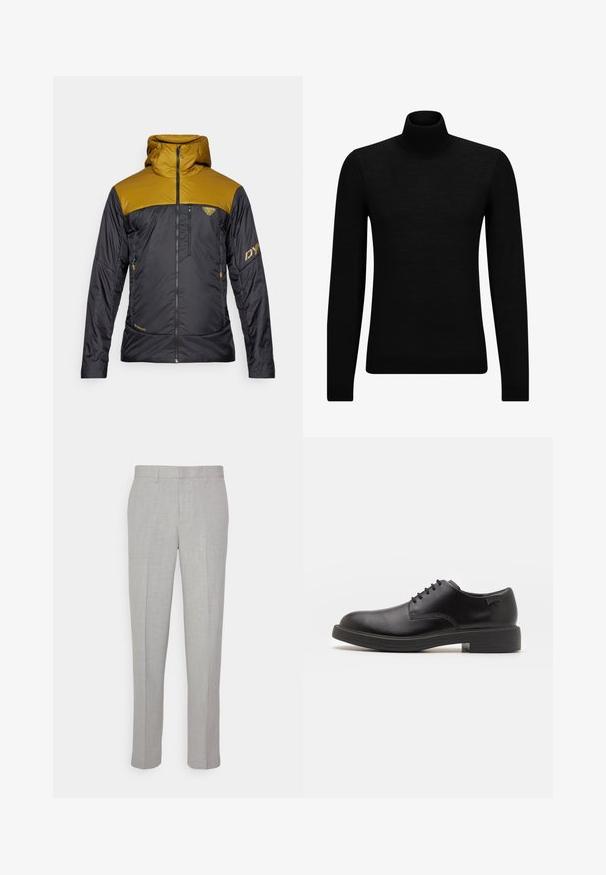 Dynafit RADICAL HOOD - Āra jaka - black out relic; Melnā augstā kakla džemperis, kas izgatavots no mīksta materiāla, ar garām piedurknēm un pieguļušu piegriezumu. Ribota apdare ap apakšu un piedurknēm. Vienkāršs dizains.; Gai pelēki bikses ar gludu tekstūru, plakanu priekšpusi un taisnām kājām. Izgatavotas no elpojoša auduma, ar iekšējām kabatām un jostu cilpām.; Melna āda sašūta kurpe ar noapaļotu purngalu, gludu tekstūru, minimālu šuvju skaitu un zemu gumijas papēdi. Logo uz papēža.