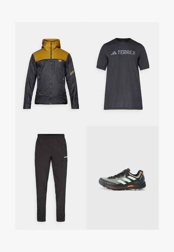 Dynafit RADICAL HOOD  - Outdoor jacket - black out relic; Black short-sleeve t-shirt made of lightweight fabric, featuring a light gray “TERREX” logo across the chest and a crew neckline.; Black athletic pants with an elastic waistband, two side zip pockets, and a logo on the upper right leg. Smooth, lightweight fabric.; Lightweight trail running shoe with a gray and black mesh upper, orange accents, and a rugged outsole for traction. Waterproof Gore-Tex lining.