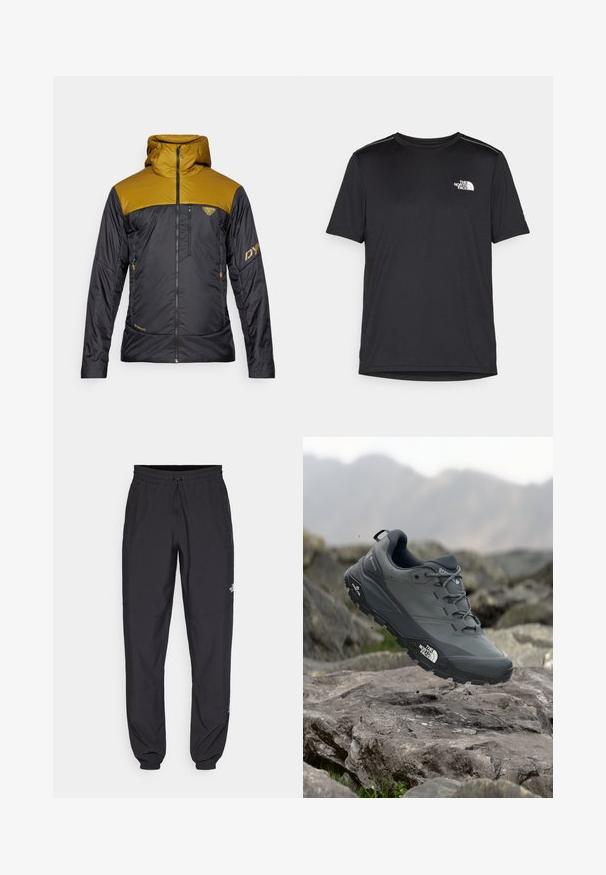 Dynafit RADICAL HOOD - Õuejope - black out relic; Must mustaöödiga must T-särk, mis on valmistatud kerge riidekanga. Esiküljel on vasakul rinnal väike valge logo ning õlgadel on peened aktsendid.; Mustavad sportlikud püksid, mis on valmistatud kergest kangast, joonlauaga taljest, küljetaskudega ja kitsenevate varrukatega pahkluude juures.; Hallhalli jooksukingad halli värvi, tekstureeritud ülemise osaga, vastupidava kummist tallaga ja tugevdatud varvaste kattega. Omab paelu ja kaubamärgi logo küljel.