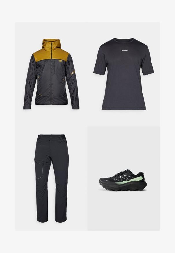 Dynafit RADICAL HOOD  - Outdoorjacke - black out relic; Schwarzes Kurzarm-Performance-T-Shirt aus atmungsaktivem Material, mit einem runden Halsausschnitt und kleinem weißen "SALOMON"-Logo auf der Brust.; Schwarze Outdoor-Hosen mit einem Reißverschlusstaschen an den Oberschenkeln, elastischem Bund und glattem, wasserabweisendem Stoff. Sauberes Design ohne sichtbare Logos.; Schwarzer und grüner Salomon-Laufschuh mit dickem Sohlen und aggressivem Profil, von links auf weißem Hintergrund gezeigt.