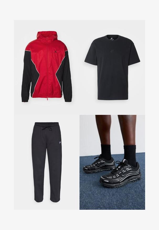 Punainen ja musta tuulitakki hupulla, vetskarella, valkoisilla yksityiskohdilla sekä musta Jumpman-logo rinnassa. Sisältää elastiset hihansuut.; Nike musta musta T-paita, jossa on klassinen pyöreä kaula-aukko, lyhyet etkä hihat sekä hillitty, kohopainettu logo rinnassa. Silkkinen rakenne.; Mustat verkkareita pehmeästä kankaasta, jossa on joustava vyötärö, nyöri ja pieni Nike-logo vasemmassa reidessä.; Mustat Nike-kengät, joissa on verkkomateriaali ja korostetut raidat, teksturoitu nauhoitus ja musta kumipohja. Yhdistetty mustiin ribbikurottimiin.