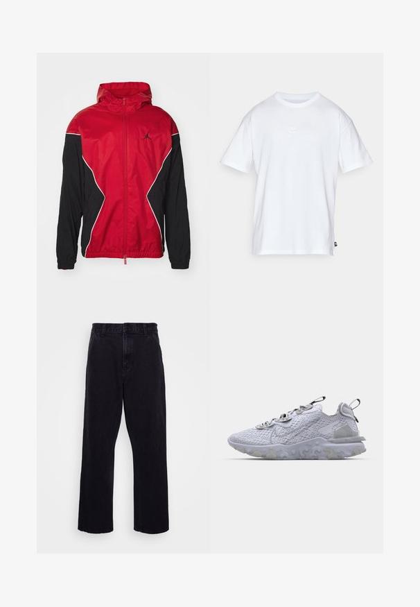 Rood en zwarte windbreaker jas met capuchon, ritssluiting, witte accenten en een zwart Jumpman-logo op de borst. Heeft elastische manchetten.; Witte katoenen t-shirt met korte mouwen en een ronde hals. Heeft een klein, subtiel Nike-logo op de borst en een zijlabel.; Zwarte denim broek met een rechte pijpdesign, voorzien van een knoop- en ritssluiting, riemlussen en minimale stikdetails.; Lichtgrijze sportschoen met een ademend mesh bovenwerk, een geprofileerde rubberen zool en reflecterende accenten. Bevat een gevoerde kraag en een vetersluiting.