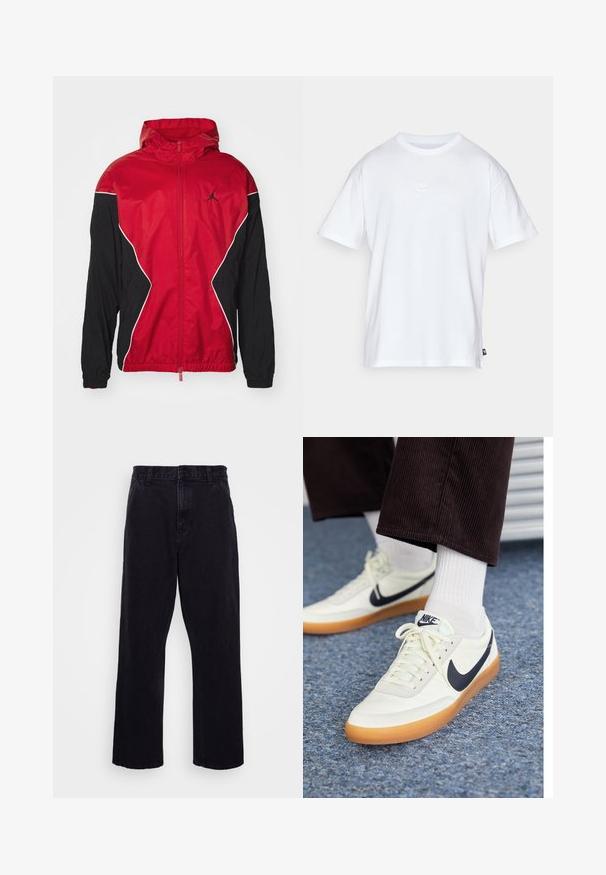Rød og sort vindjakke med hætte, lynlås lukning, hvide detaljer og en sort Jumpman-logo på brystet. Har elastiske manchetter.; Hvid bomulds T-shirt med korte ærmer og rund hals. Har et lille, diskret Nike-logo på brystet og et sidelabel.; Sorte denimbukser med lige ben, der har en knap- og lynlåslukning, bæltestropper og minimale syninger.; Nike sneakers i hvid læder med en marineblå swoosh, med en gummisål og hvide snørebånd, parret med hvide ankelstrømper og mørke fløjlspants.
