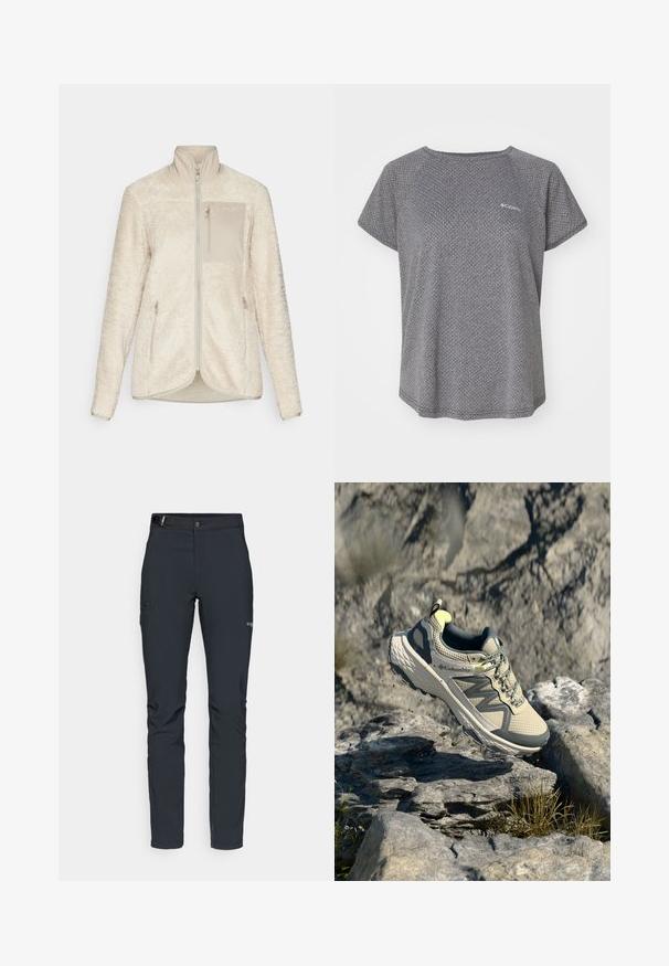 Norrøna FEMUND WARM JACKET - Casaco polar - oatmeal; Camisa cinza de manga curta com um padrão texturizado subtil, decote redondo e logótipo da Columbia no peito. Tecido suave, ajuste descontraído.; Calças de exterior para homens, cinza escuro, feitas de material flexível, com cinto, bolsos com fecho éclair e costuras reforçadas.; Sapatilha de trail running Columbia em bege claro e cinza. Parte superior em malha com detalhes texturizados, sola de borracha e acabamentos refletivos. Design leve.