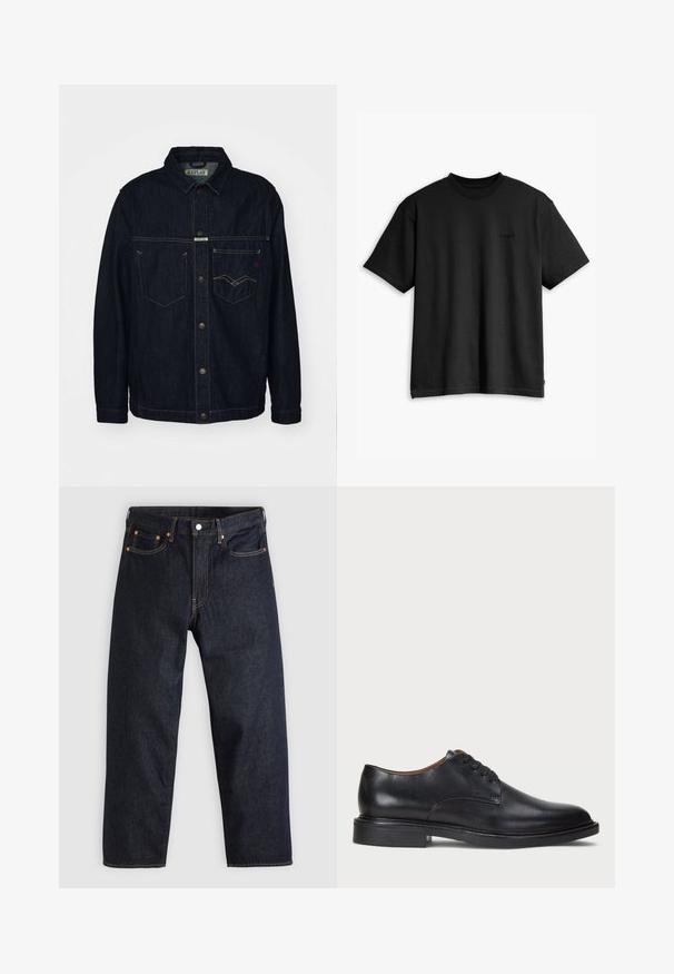 Sötét farmerdzseki inggallérral, két mellzsebbel és gombos záródással. Kontrasztos sárga varrással és márkázott címkével rendelkezik.; Fekete pamut póló kerek nyakkal és rövid ujjakkal. Diszkrét elülső logóval és egyenes szegéllyel rendelkezik. Egyszerű és minimalista dizájn.; Sötétkék farmernadrág egyenes szabással, öt zsebbel, kontrasztos narancssárga varrással és gombos záródással. Nem látható rajta mintázat vagy díszítés.; Fekete bőrből készült dresszcipő kerek orral, fűzős kialakítással és alacsony, rétegelt sarkával. Simás felület minimális varrási részletekkel.