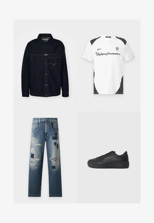 Tumši džinsa mētelis ar krekla apkakli, divām krūšu kabatām un pogu aizdari. Iezīme kontrastējošas dzeltenas diegu šuvēšanas un zīmogota etiķete.; Balts īsām piedurknēm T-krekls ar melniem akcentiem. Ar "REPLAY FC" logotipu un "Highpeformance" tekstu sportiskā fontā. Izgatavots no gludas materiāla.; Džinsi ar nolietiem pleciem un dažādiem zilo toņu niansēm, ar taisno kāju griezumu un tradicionālo piecu kabatu dizainu.; Replay EPIC HIGH - Treniņu apavi - black