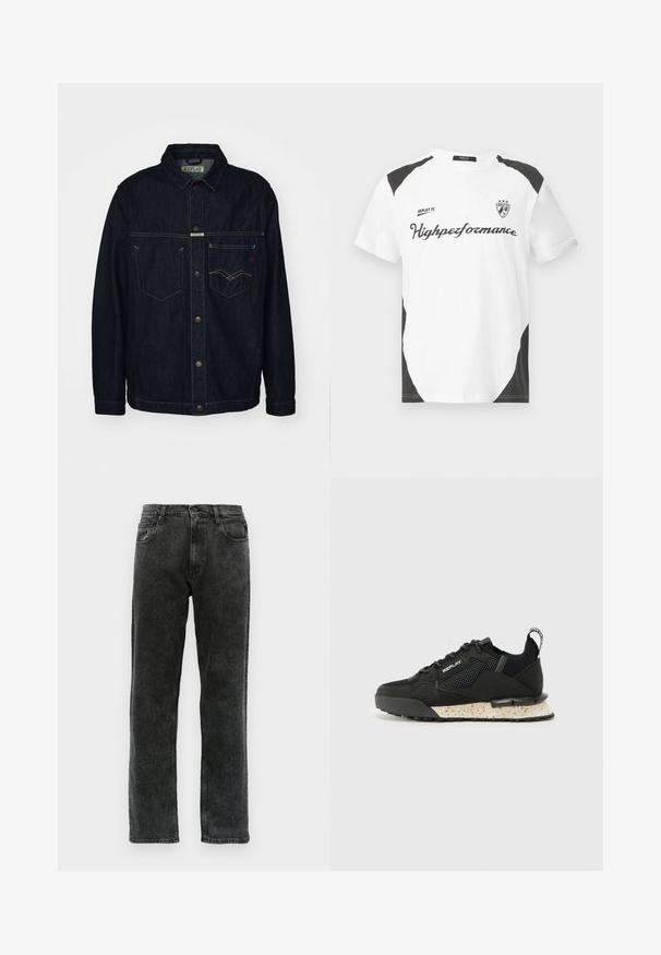 Dark denim jacket with a shirt collar, two chest pockets, and button closure. Features contrasting yellow stitching and a branded label.; White short-sleeve t-shirt with black accents. Features "REPLAY FC" logo and "Highpeformance" text in a sporty font. Made from a smooth material.; Black denim jeans with a straight-leg cut, featuring five pockets, a button closure, and subtle fading along the fabric.; Replay FIELD MELT 25 - Trainers - black