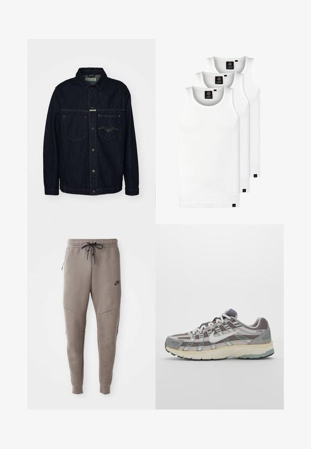 Tamno plavi traper jakna s kragnom, dva džepa na prsima i zatvaranjem na dugmad. Ima kontrastne žute šavove i oznaku branda.; Tri bijele rebraste majice bez rukava od pamuka. Imaju okrugli izrez i male crne oznake blizu rubova. Dostupne su u više veličina.; Sive Nike trenirke s elastičnim pojasom, suženi nogavi, bočnim džepovima i izraženim šavom. Mekani, teksturirani materijal.; Siva sportska tenisica s gornjim dijelom od mrežaste tkanine i zamshta, bijelim detaljima, amortizirajućom potplatom i prepoznatljivim dizajnom s refleksivnim elementima.