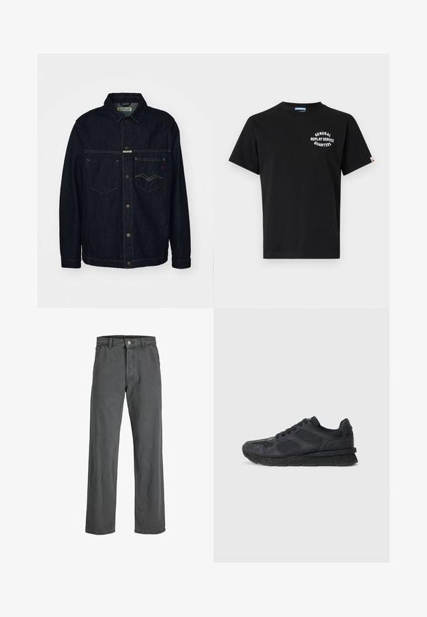 Donker denim jack met een kraag, twee borstzakken en knoopsluiting. Kenmerkt zich door contrasterende gele stiksels en een merketiket.; Zwarte katoenen T-shirt met korte mouwen en ronde hals. Bevat witte tekst "GENERAL REPLAY SERVICE QUARTERS" op de borst.; Donkergrijze wijde jeans gemaakt van denim. Bevat een sluiting met drukknop en rits aan de voorkant, riemlussen en een klassieke vijf-pocket ontwerp.; Replay ARTHUR ATOM - Sneakers laag - black
